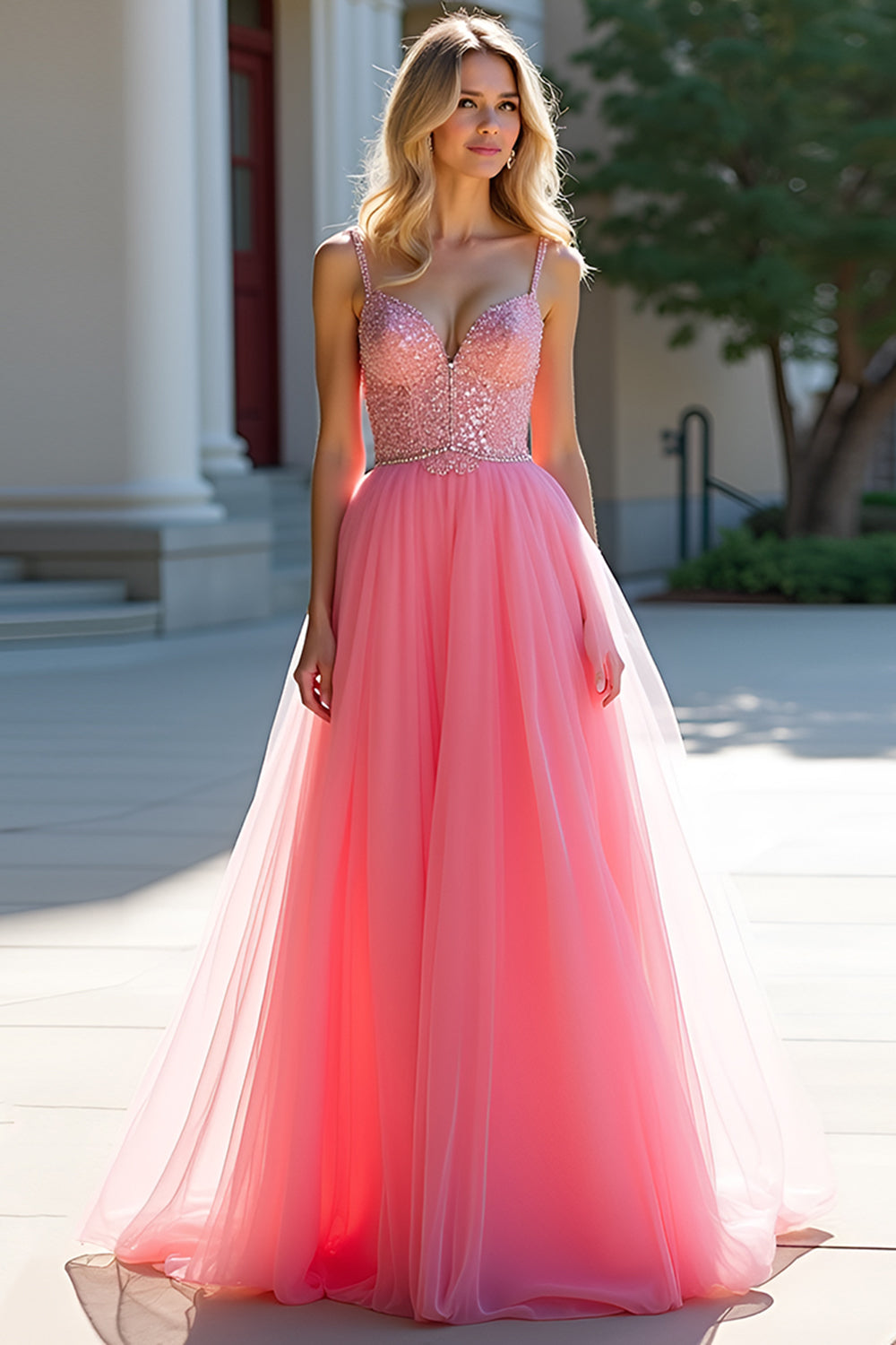 Rosa A-Linie Pailletten Ballkleid aus Tüll