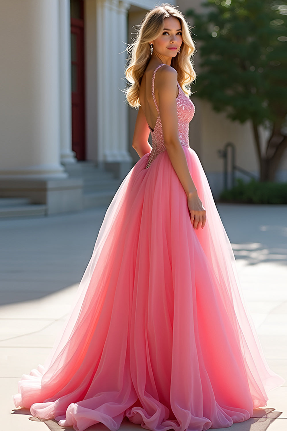 Rosa A-Linie Pailletten Ballkleid aus Tüll