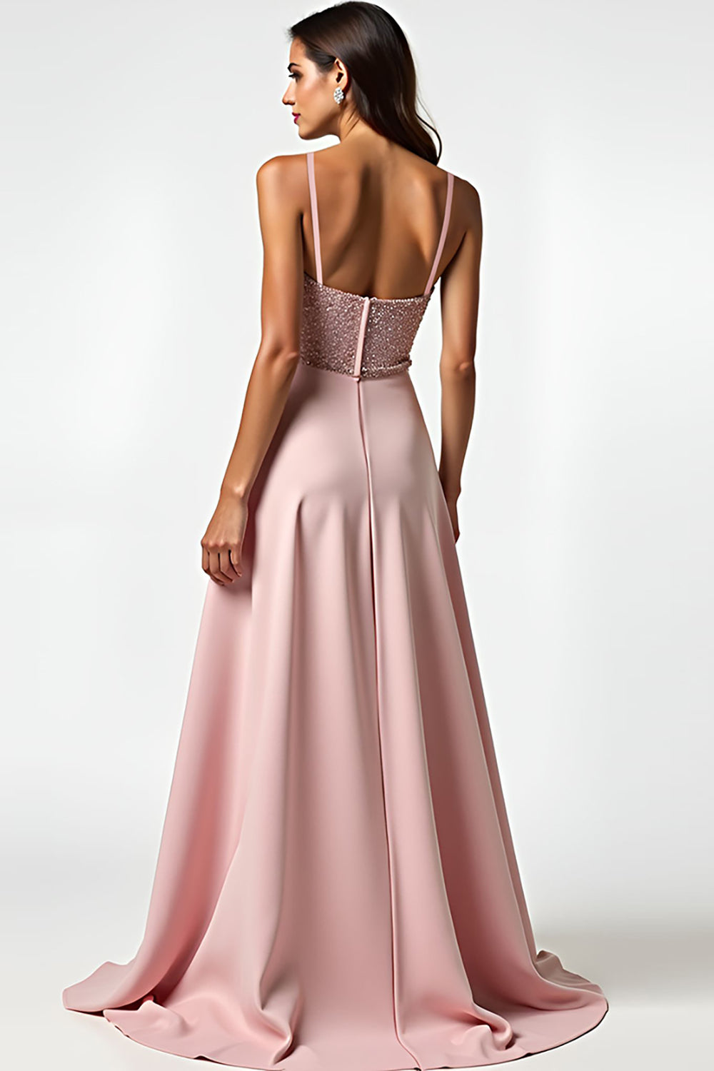 Glitzerndes Staubige Rose Hochzeitsgastkleid mit Spaghettiträgern mit Perlen