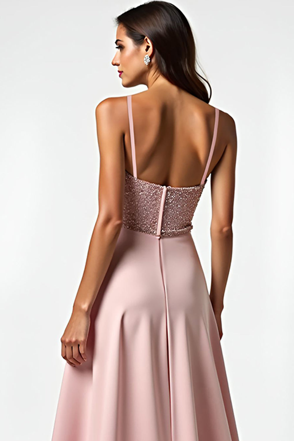 Glitzerndes Staubige Rose Hochzeitsgastkleid mit Spaghettiträgern mit Perlen