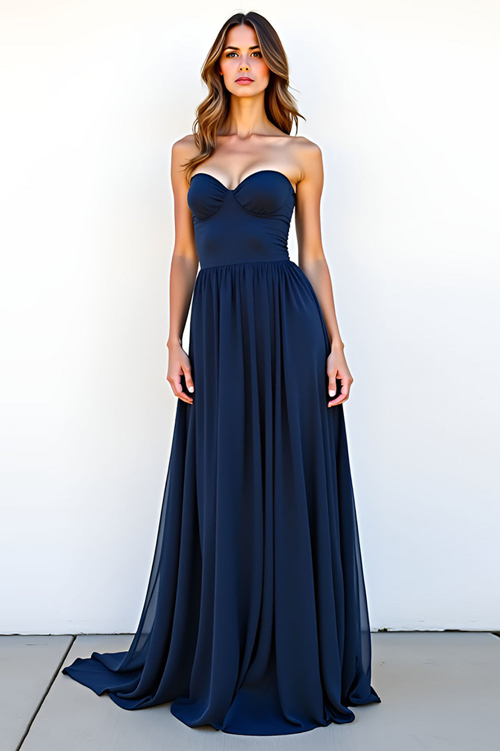 Marineblaues Langes A-Linie Herzausschnitt Hochzeitsgast Kleid