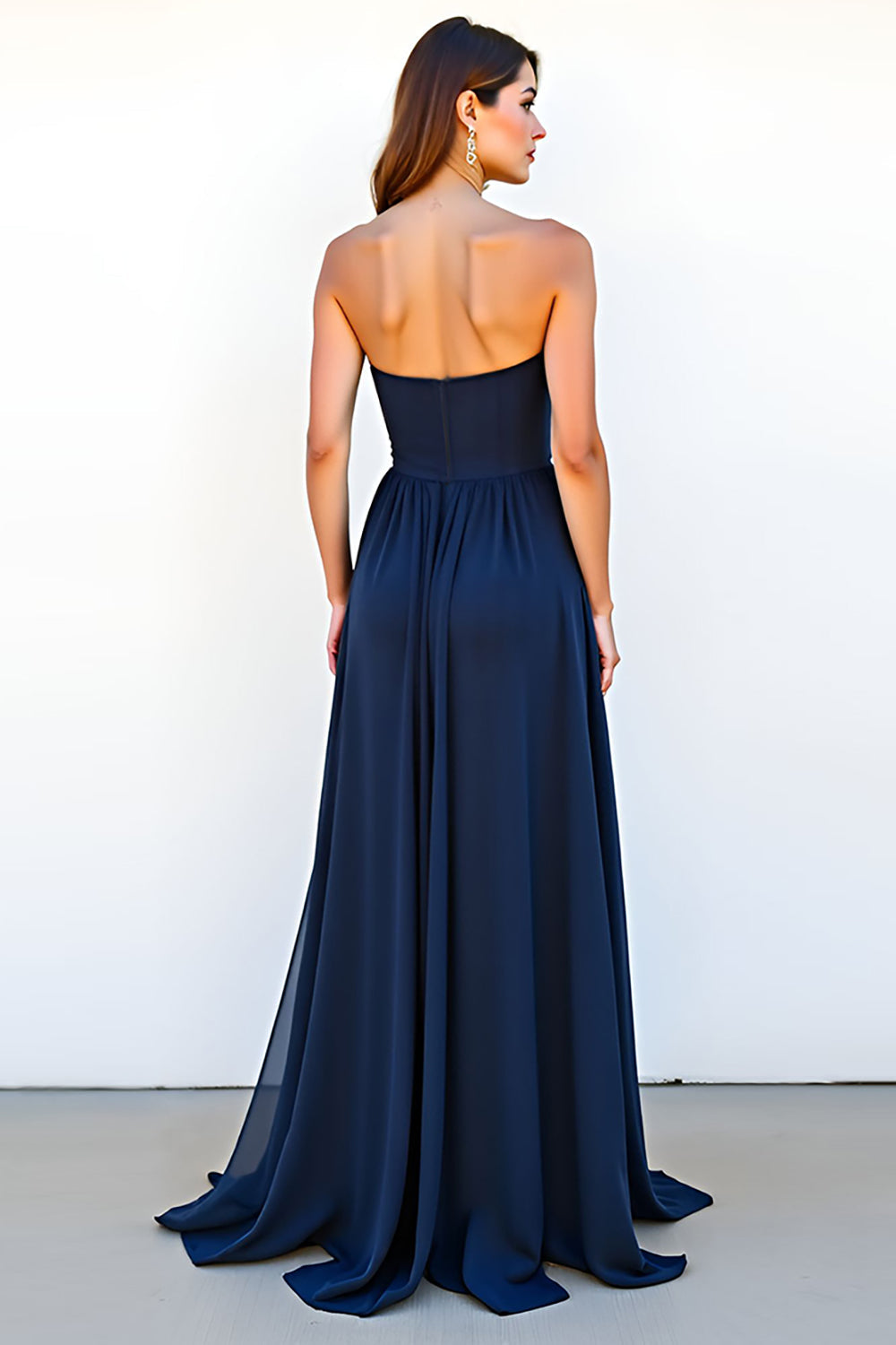 Marineblaues Langes A-Linie Herzausschnitt Hochzeitsgast Kleid