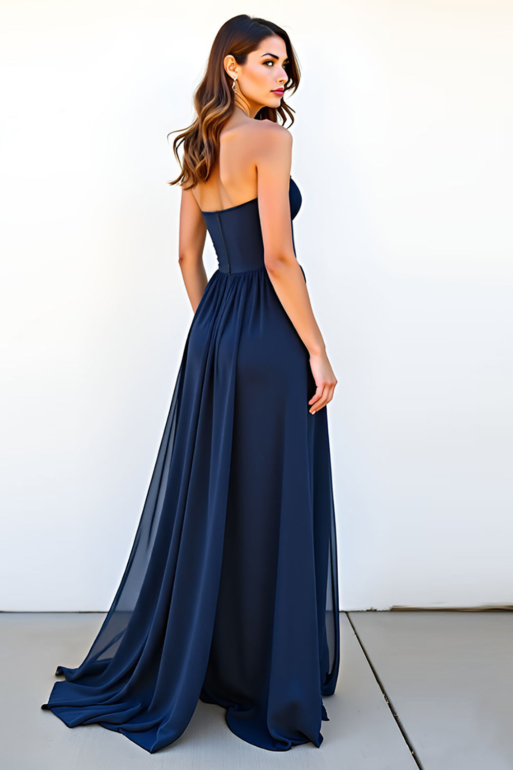 Marineblaues Langes A-Linie Herzausschnitt Hochzeitsgast Kleid