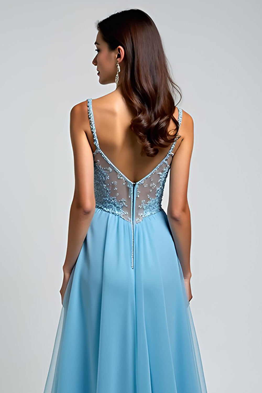 Hellblaues A-Linie Spaghettiträger Spitze Kleid für Hochzeitsgäste mit Schlitz