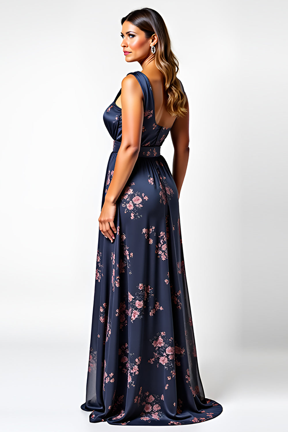 Marineblaues Blumen Kleid für Hochzeitsgäste in A-Linie mit einer Schulter