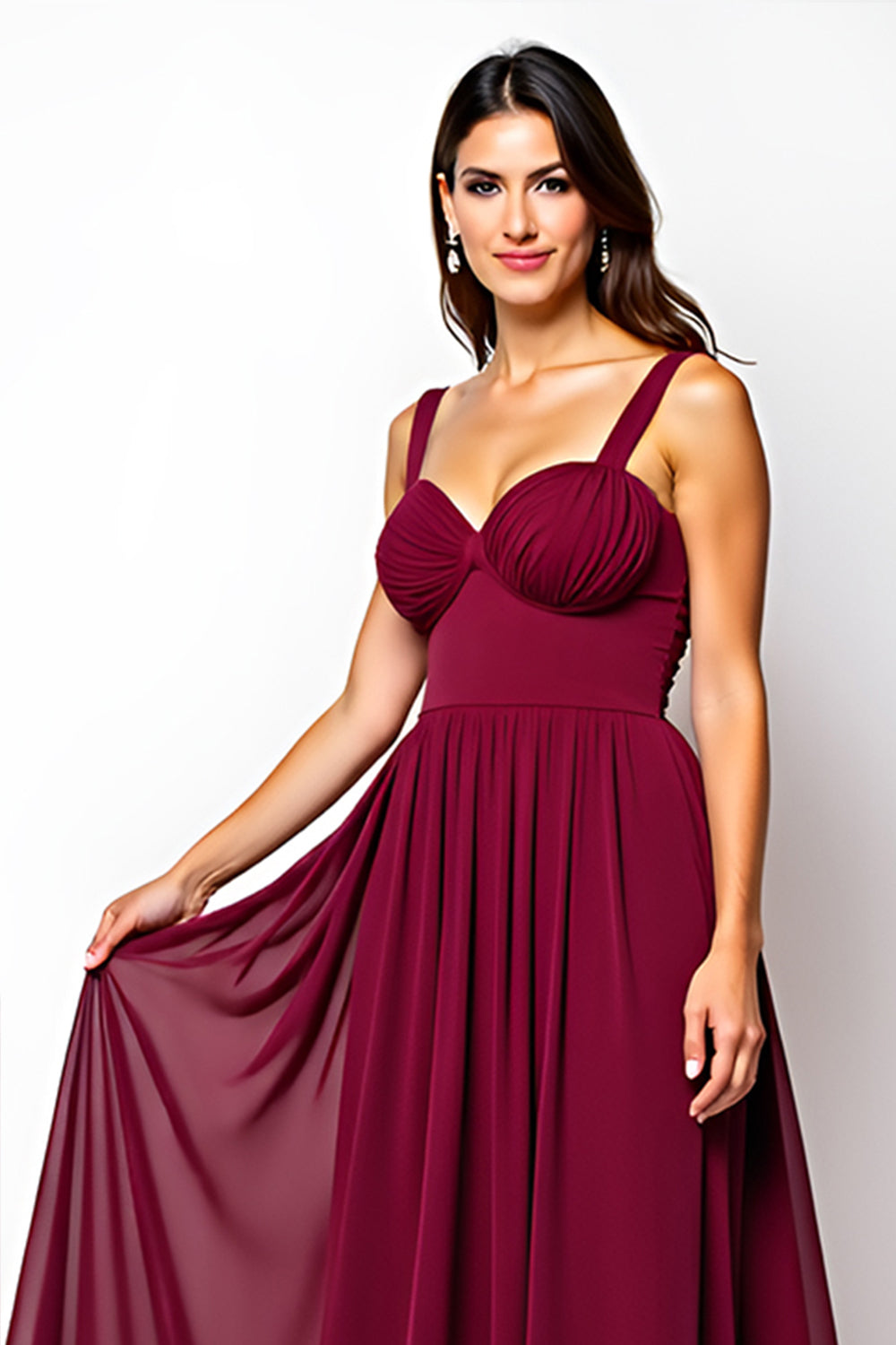Burgundy Langes A-Linie Gerafftes Chiffon Hochzeitsgastkleid