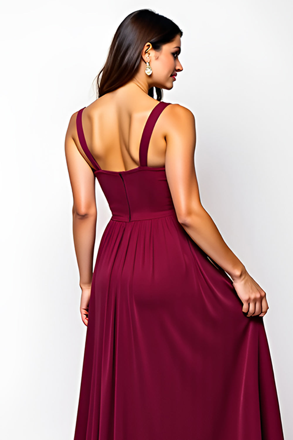 Burgundy Langes A-Linie Gerafftes Chiffon Hochzeitsgastkleid
