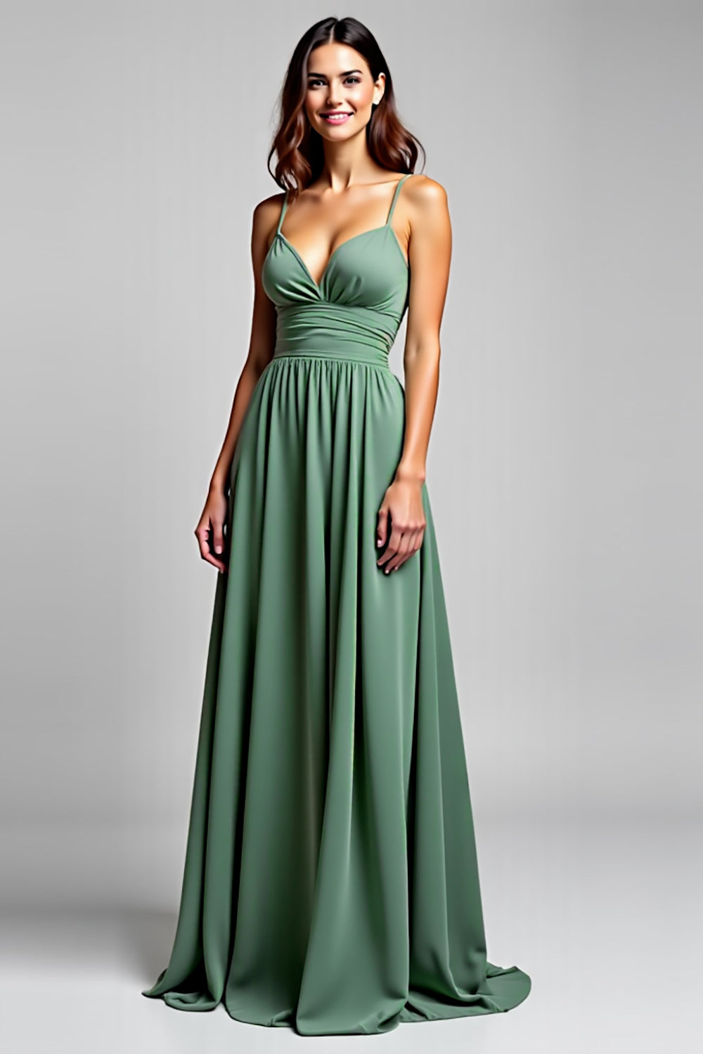 A Linie Chiffon Eukalyptus Rüschen Spaghettiträger Brautjungfernkleid