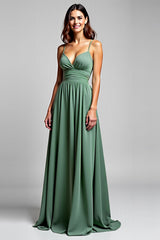 A Linie Chiffon Eukalyptus Rüschen Spaghettiträger Brautjungfernkleid
