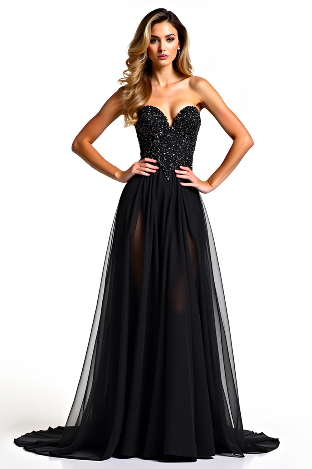Schwarzes A Linie Trägerloses Pailletten Ballkleid