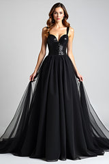 Glitzerndes Schwarzes A-Linie Ballkleid mit Rüschen