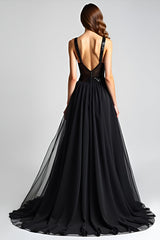 Glitzerndes Schwarzes A-Linie Ballkleid mit Rüschen