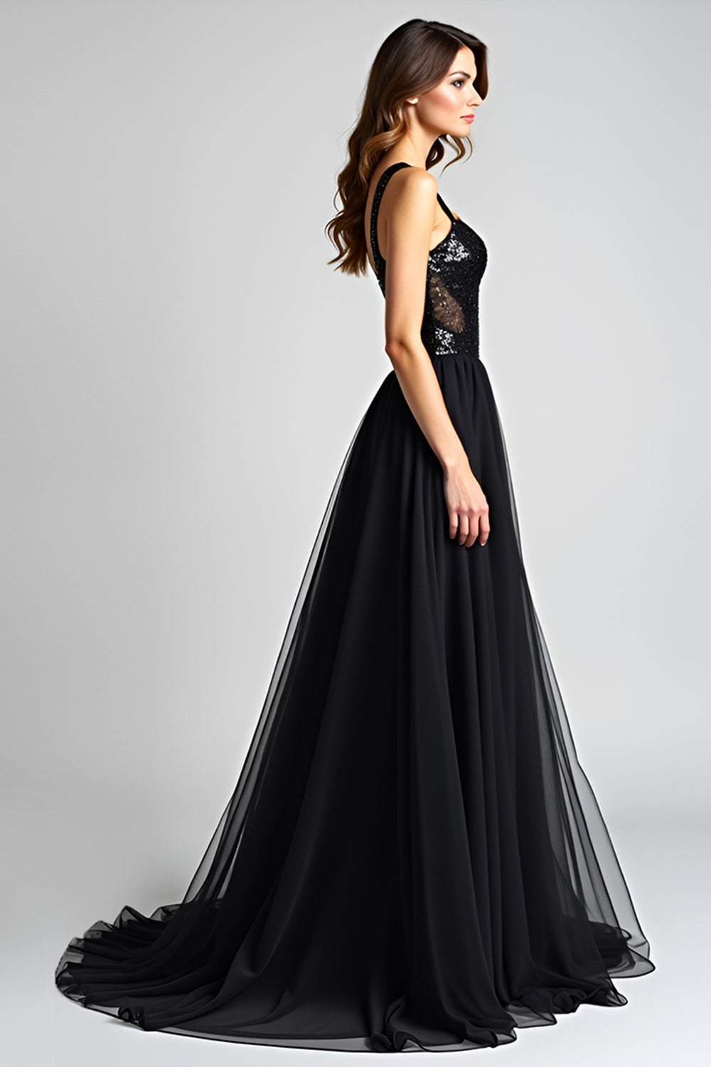 Glitzerndes Schwarzes A-Linie Ballkleid mit Rüschen