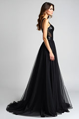 Glitzerndes Schwarzes A-Linie Ballkleid mit Rüschen