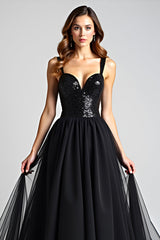 Glitzerndes Schwarzes A-Linie Ballkleid mit Rüschen