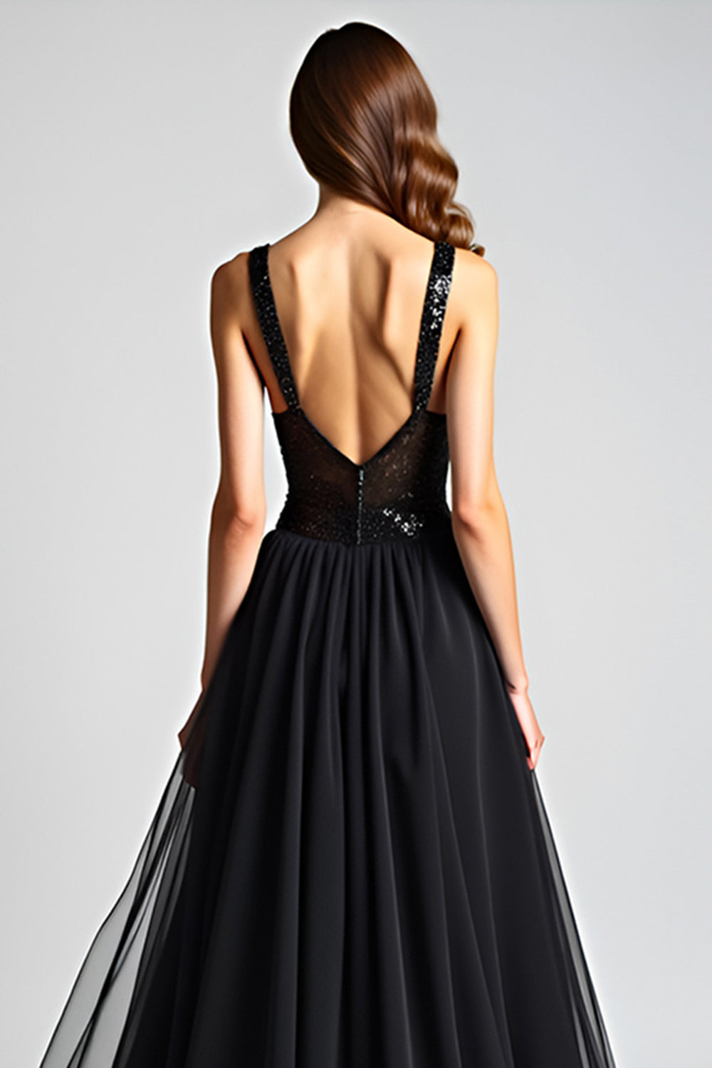 Glitzerndes Schwarzes A-Linie Ballkleid mit Rüschen