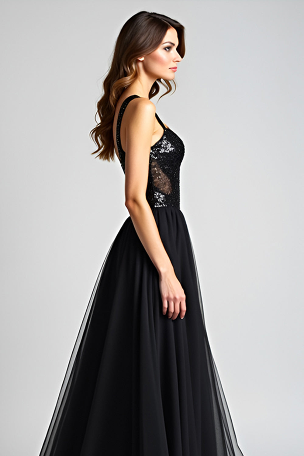 Glitzerndes Schwarzes A-Linie Ballkleid mit Rüschen