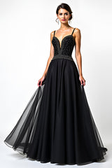 A Linie Spaghettiträger Pailletten Gerafftes Schwarzes Ballkleid