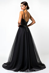 A Linie Spaghettiträger Pailletten Gerafftes Schwarzes Ballkleid