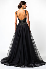 A Linie Spaghettiträger Pailletten Gerafftes Schwarzes Ballkleid