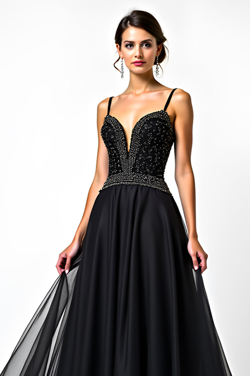 A Linie Spaghettiträger Pailletten Gerafftes Schwarzes Ballkleid