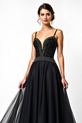 A Linie Spaghettiträger Pailletten Gerafftes Schwarzes Ballkleid