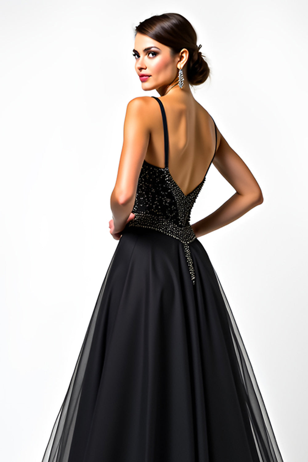 A Linie Spaghettiträger Pailletten Gerafftes Schwarzes Ballkleid