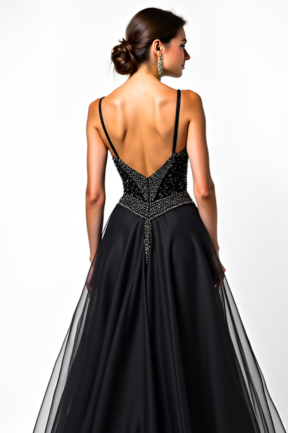 A Linie Spaghettiträger Pailletten Gerafftes Schwarzes Ballkleid