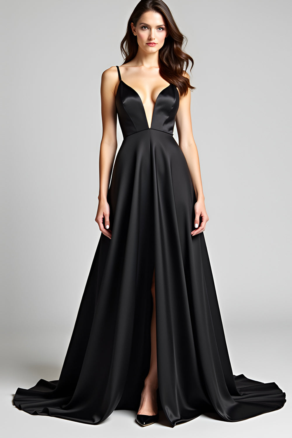 Spaghettiträger A Linie Satin Schwarzes Abendkleid mit Schlitz
