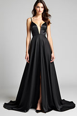 Spaghettiträger A Linie Satin Schwarzes Abendkleid mit Schlitz