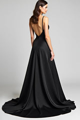 Spaghettiträger A Linie Satin Schwarzes Abendkleid mit Schlitz