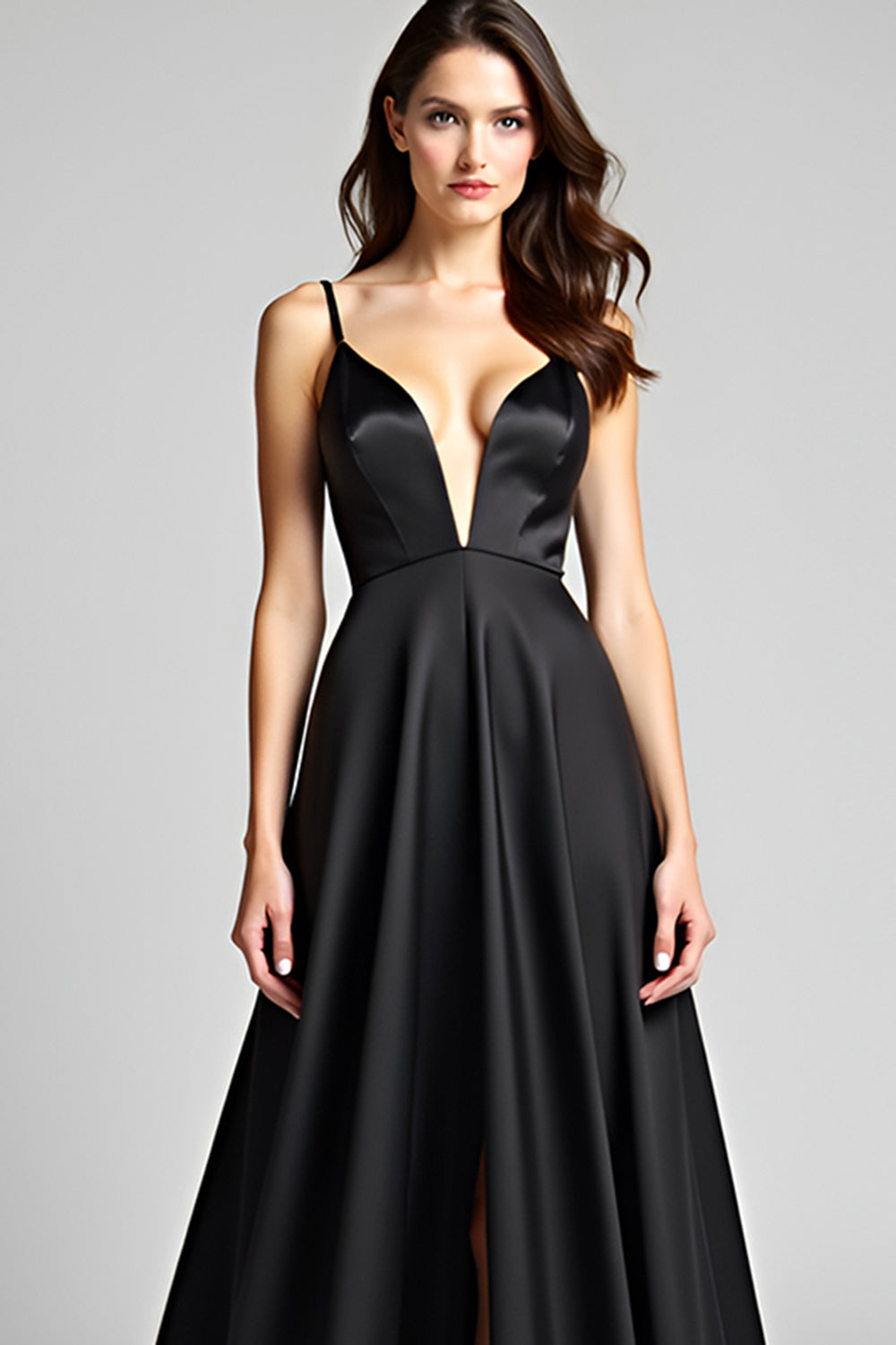 Spaghettiträger A Linie Satin Schwarzes Abendkleid mit Schlitz