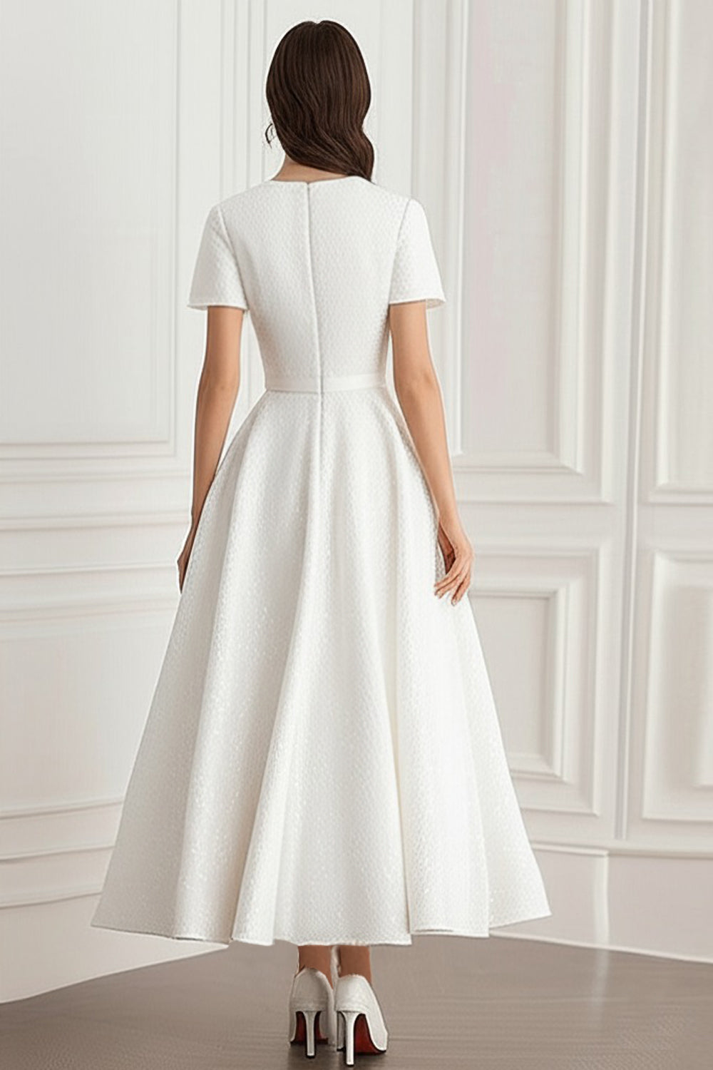 Elfenbein A-Linie Jacquard Midikleid mit Rundhalsausschnitt und kurzen Ärmeln