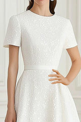 Elfenbein A-Linie Jacquard Midikleid mit Rundhalsausschnitt und kurzen Ärmeln