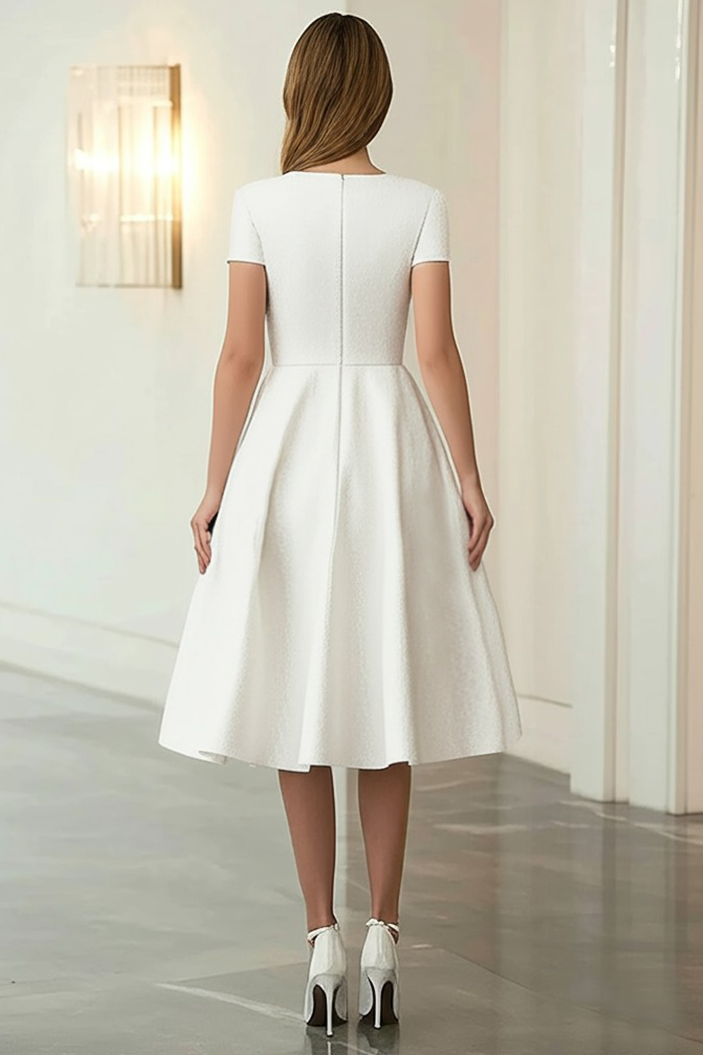 Elfenbein Jacquard Midi Ballkleid mit Rundhalsausschnitt und kurzen Ärmeln