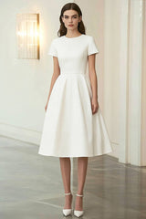 Elfenbein Jacquard Midi Ballkleid mit Rundhalsausschnitt und kurzen Ärmeln