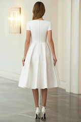 Elfenbein Jacquard Midi Ballkleid mit Rundhalsausschnitt und kurzen Ärmeln