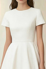 Elfenbein Jacquard Midi Ballkleid mit Rundhalsausschnitt und kurzen Ärmeln
