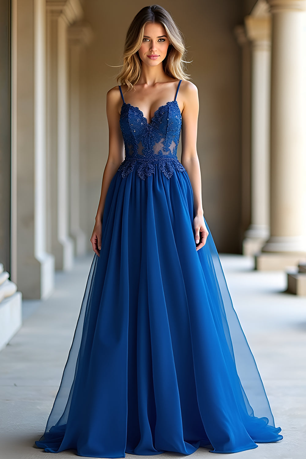 A Linie Dunkelblaues Spaghettiträger Herzförmiges Langes Ballkleid