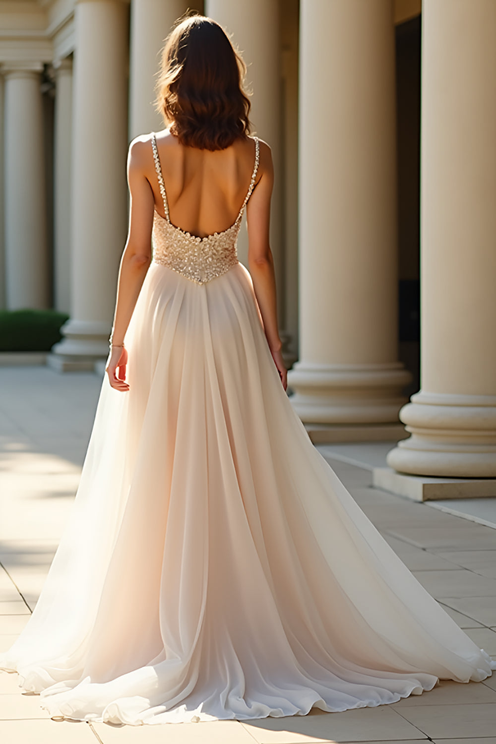 A Linie Champagner Spaghettiträger Langes Ballkleid