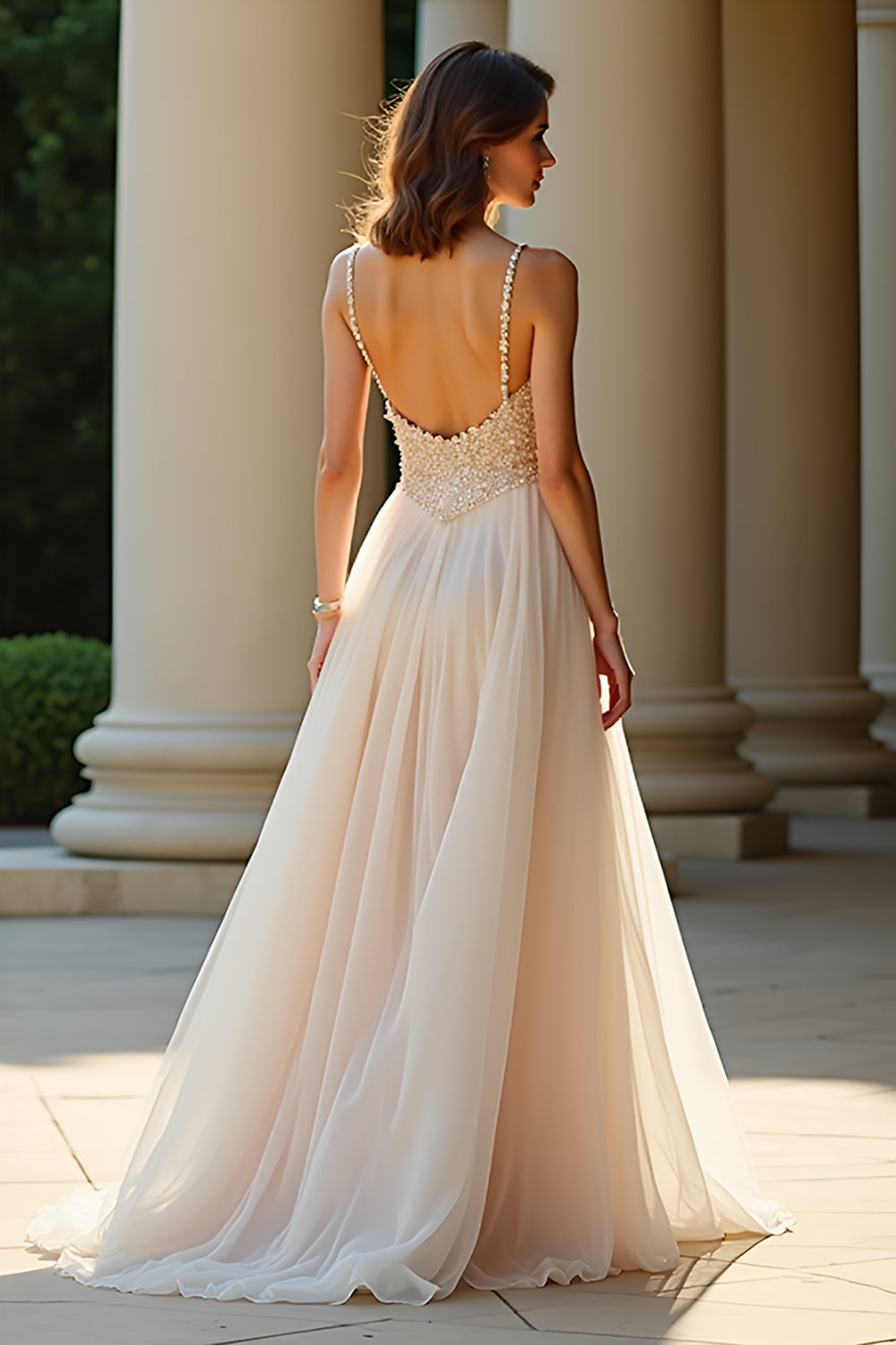 A Linie Champagner Spaghettiträger Langes Ballkleid