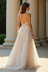 A Linie Champagner Spaghettiträger Langes Ballkleid