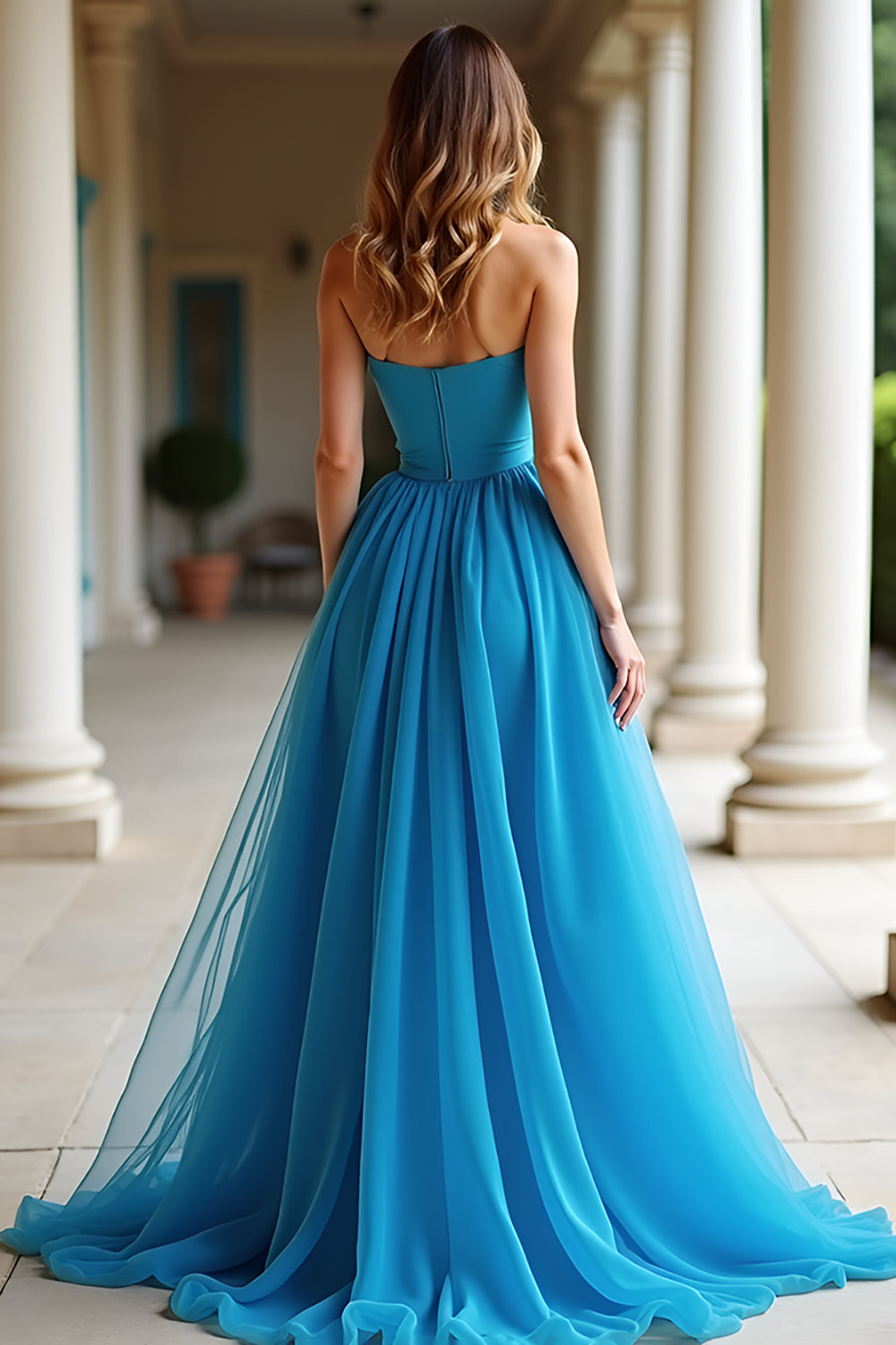 A Linie Blaues Trägerloses Plissiertes Langes Ballkleid mit Schlitz