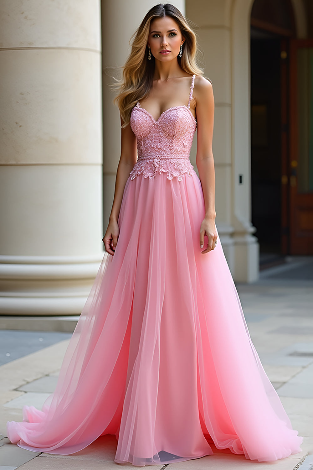 A Linie Spaghettiträger Langes Rosa Ballkleid aus Spitze