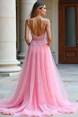 A Linie Spaghettiträger Langes Rosa Ballkleid aus Spitze