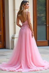 A Linie Spaghettiträger Langes Rosa Ballkleid aus Spitze