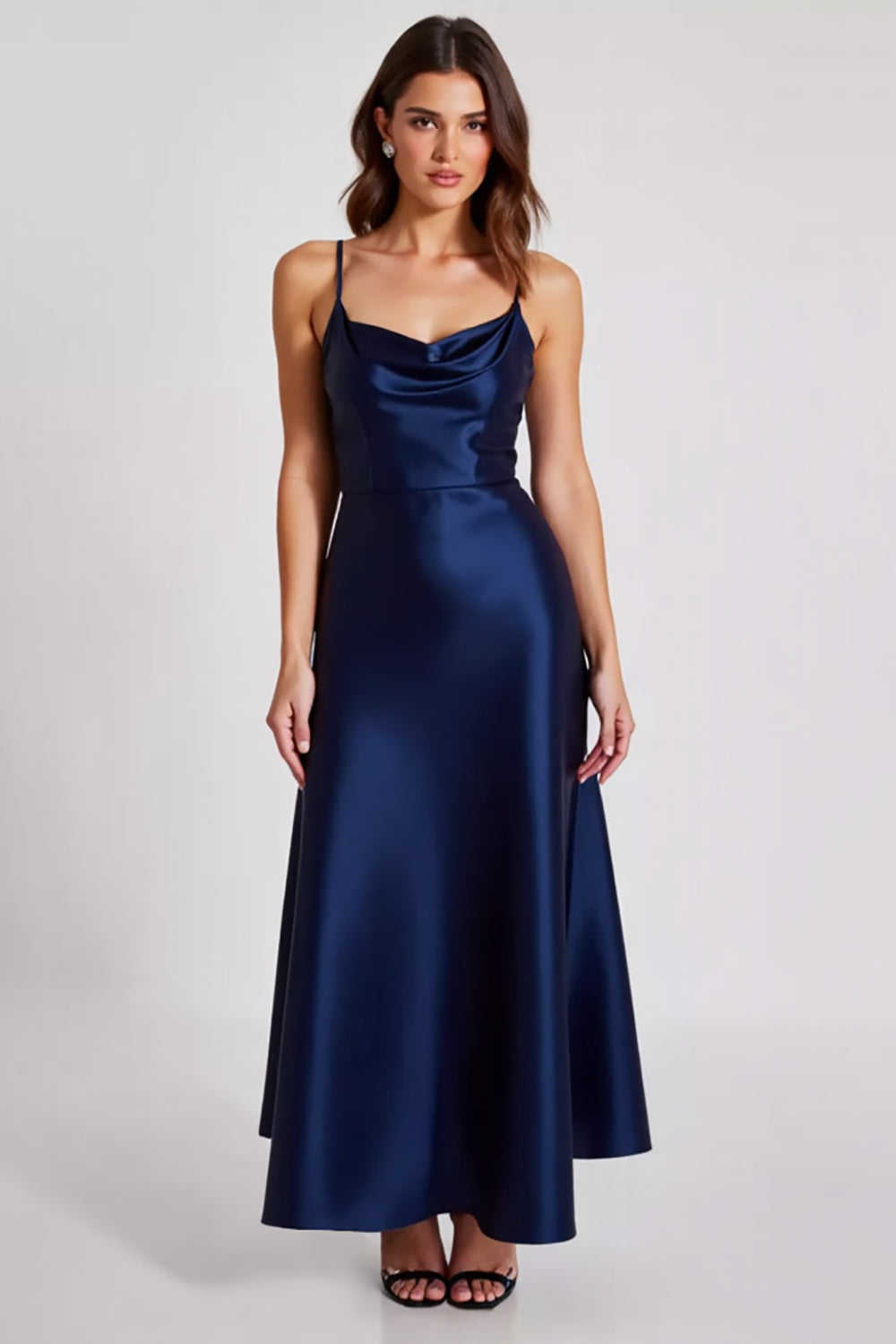 Stretch-Satin Marineblaues Spaghettiträger Etui Abendkleid