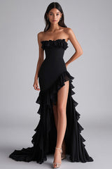 Schwarzes Meerjungfrau Trägerloses Ballkleid mit Rüschen und Schlitz