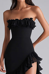 Schwarzes Meerjungfrau Trägerloses Ballkleid mit Rüschen und Schlitz