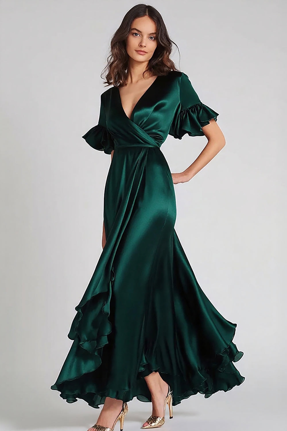Dunkelgrünes A-Linie Langes Ballkleid mit V-Ausschnitt